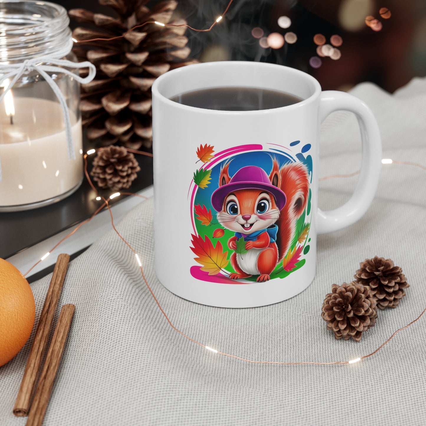 Tasse Écureuil Automne Mignon – Mug Animal Kawaii avec Feuilles Colorées et Chapeau – Design Nature Saison Automnale – Cadeau Original 325ml