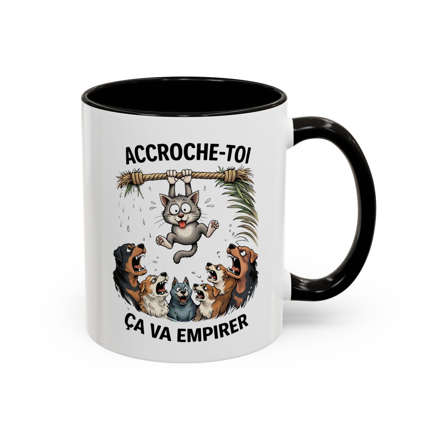 Tasse Humour Chat Suspendu avec Chiens – Accroche-Toi Ça Va Empirer – Mug Drôle Animaux Cadeau Collègue – Céramique 325ml