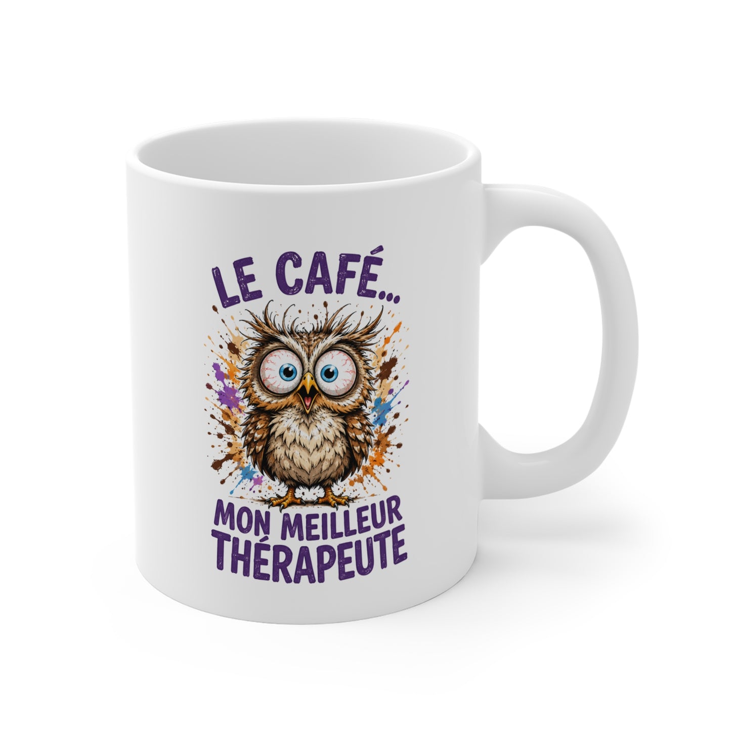 Tasse Le Café Mon Meilleur Thérapeute – Mug Humour Chouette – Cadeau Drôle Homme Femme 325 ml