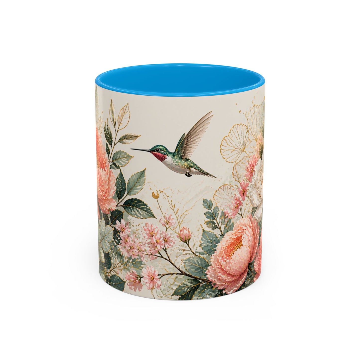 Tasse Florale Colibri et Pivoines – Mug Aquarelle Chic avec Fleurs Roses et Blanches – Design Nature 325ml