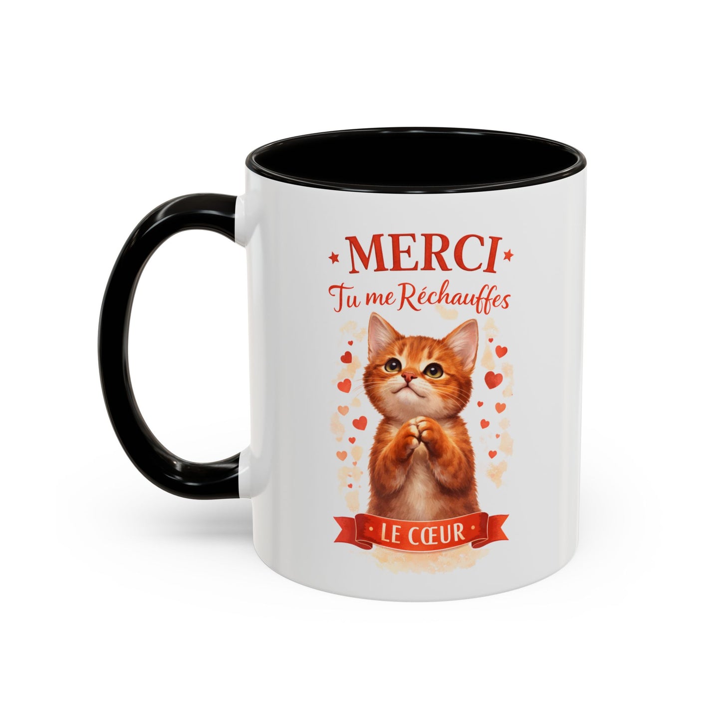 Tasse Chat Mignon Amour “Merci Tu me Réchauffes le Cœur” – Mug Cadeau Chat Affectueux Noir Bleu Rouge