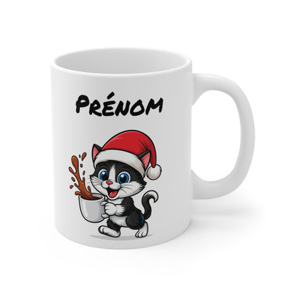 Tasse Personnalisable Chat Noël – Mug Prénom Céramique 325ml – Cadeau Fêtes Mignon Original