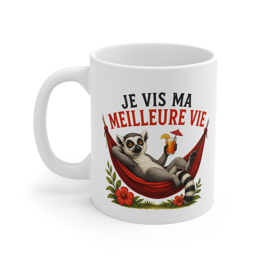 Mug Humour Homme et Femme – Lémurien Hamac Vacances Détente Farniente – Cadeau Original Drôle pour Amateur de Relaxation 325 ml