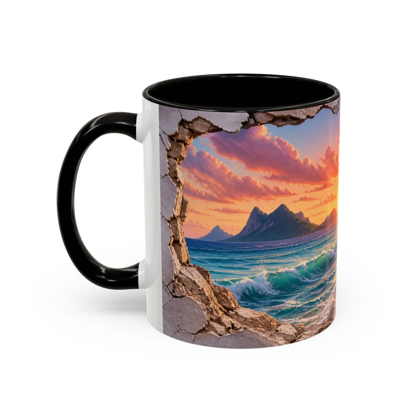 Tasse Plage Tropicale et Océan – Mug Paysage Paradis Exotique – Design Artistique Effet Mur Cassé – Céramique 325ml