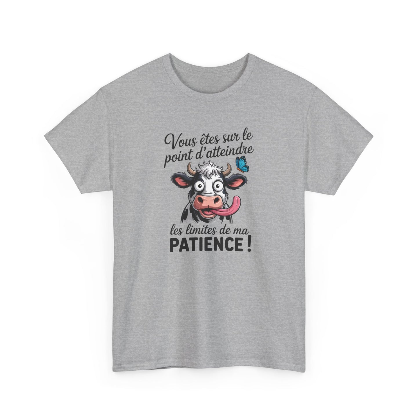 T-Shirt Humoristique Vache Patience – Tee Shirt Drôle Adulte Homme Femme – Cadeau Humour Animal – Noir Blanc Gris