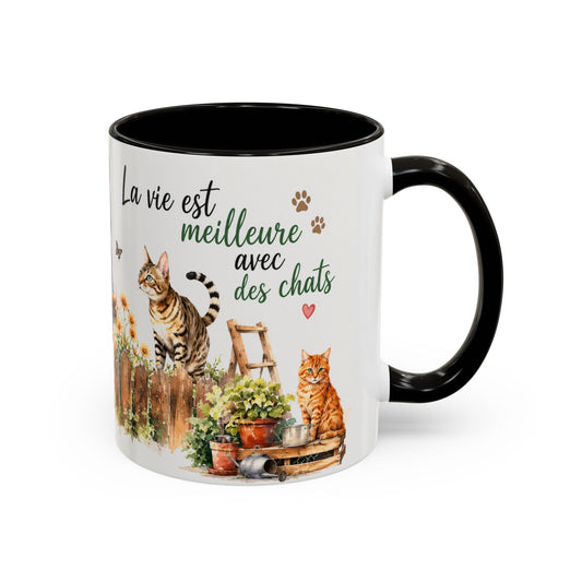 Tasse Chat Aquarelle Vintage – La Vie est Meilleure avec des Chats – Mug Déco Champêtre et Félin 325ml