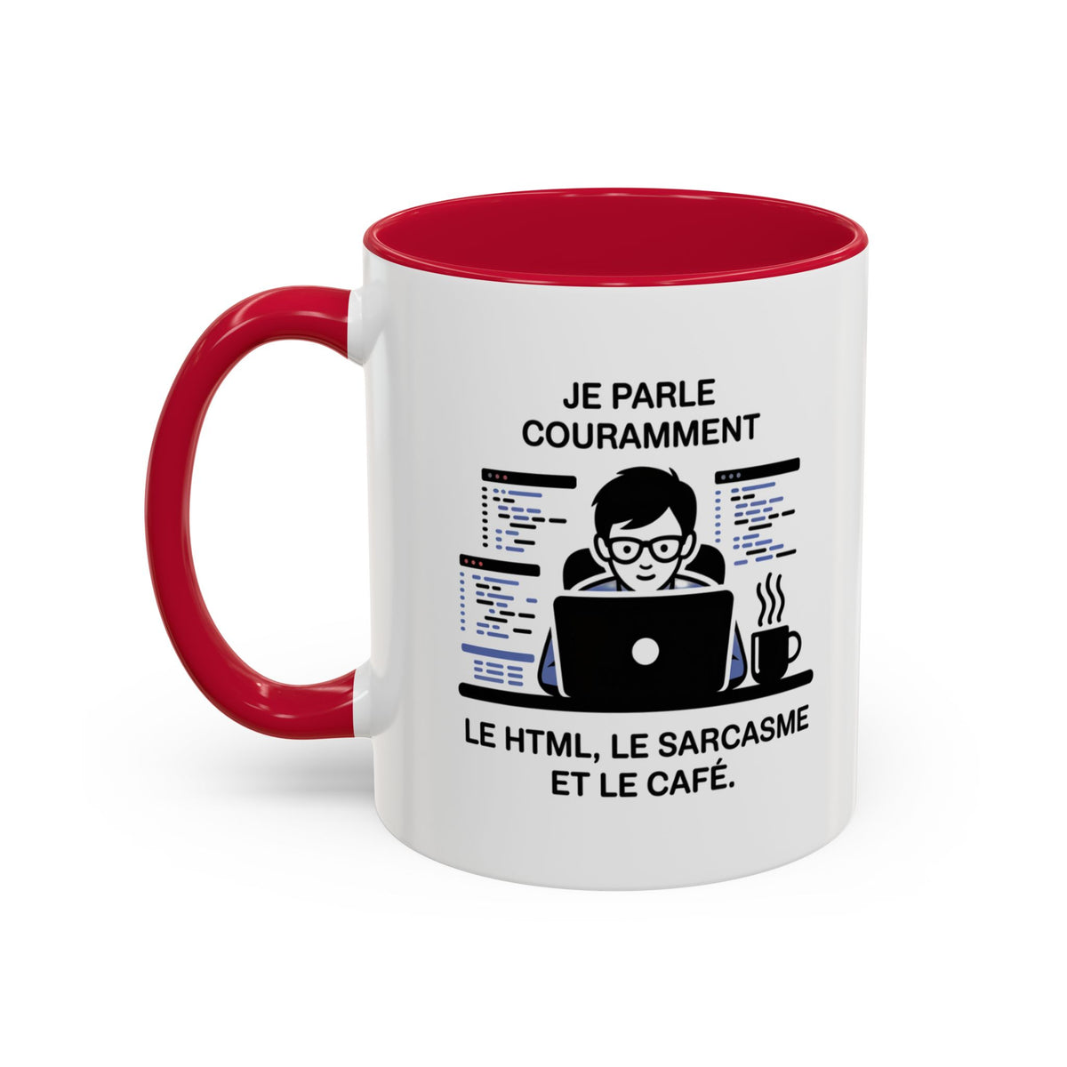Mug Humour Informatique « Je Parle Couramment le HTML, le Sarcasme et le Café » – Cadeau Programmeur Développeur Geek noir bleu rouge