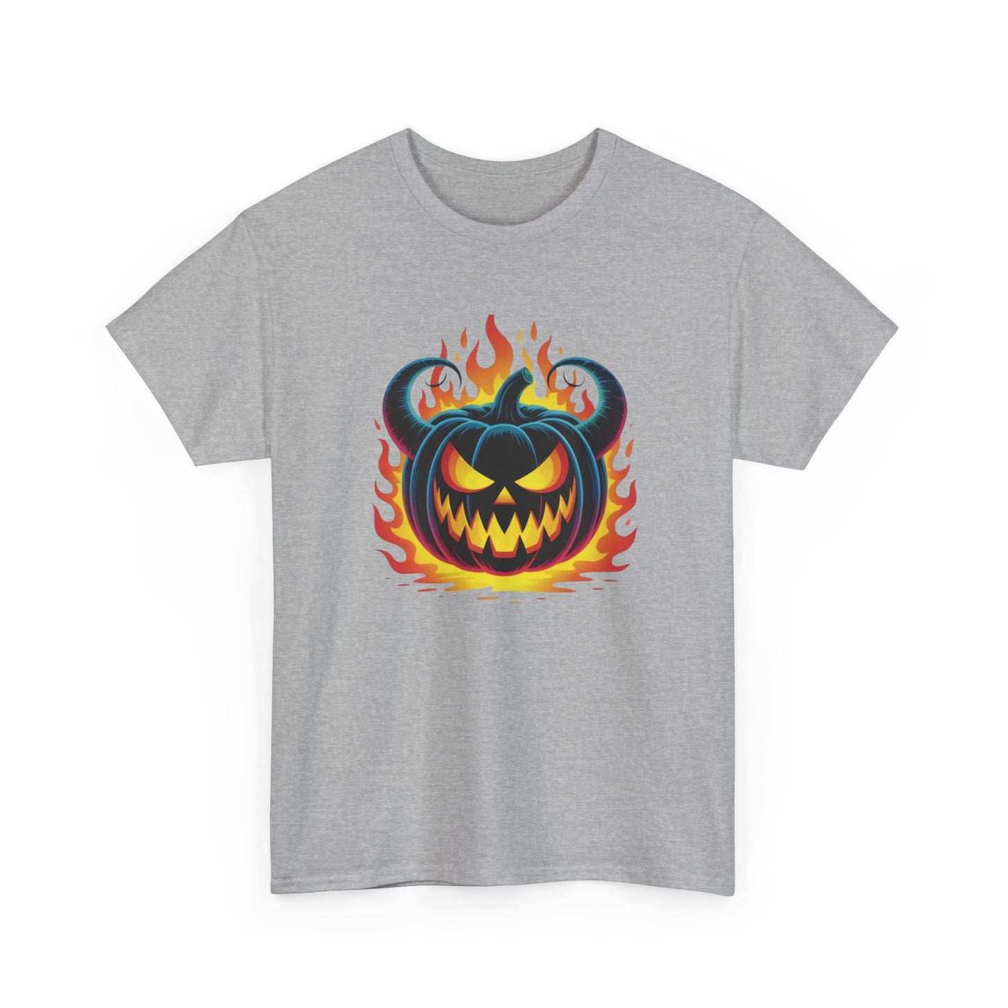 T-Shirt Halloween Citrouille Démoniaque Feu Adulte – Tee Shirt Jack O Lantern Effrayant – Design Horreur Fantaisie Noir Blanc Gris