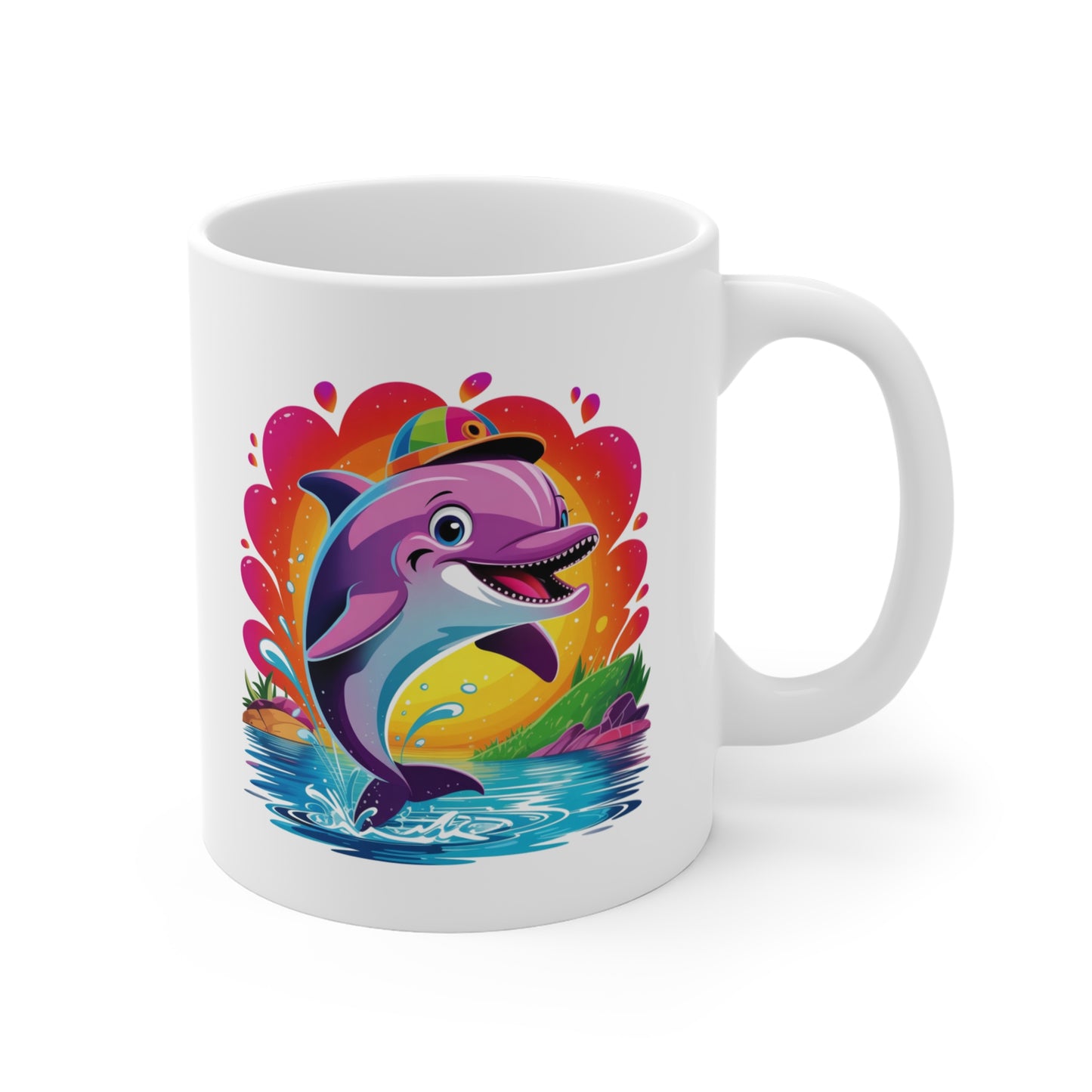 Mug Dauphin Kawaii Coloré – Tasse Dolphin Fantaisie avec Casquette – Design Animal Marin Mignon et Arc-en-Ciel – Cadeau Original pour Enfants et Fans de Kawaii – Mug Céramique 325ml