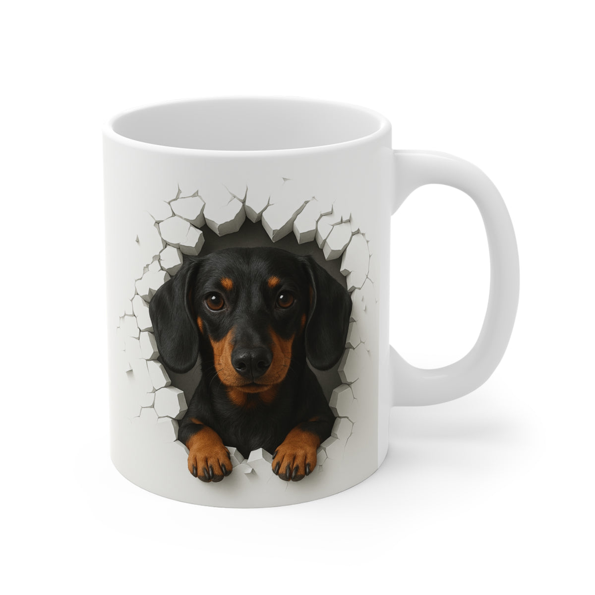 Mug Teckel Noir et Feu Effet Mur Cassé – Tasse Chien 3D Trompe-l’œil – Cadeau Original Amoureux du Teckel