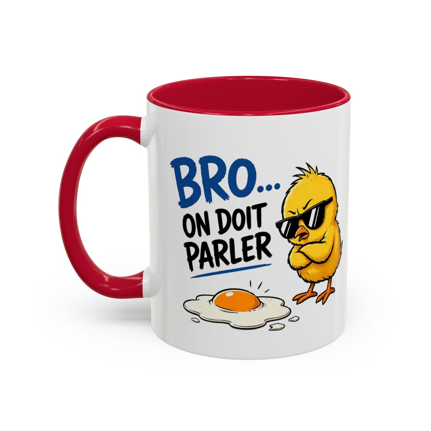 Mug Humour Poussin – Bro On Doit Parler – Tasse Drôle et Décalée – Cadeau Original Fun Céramique 325ml Noir Bleu Rouge