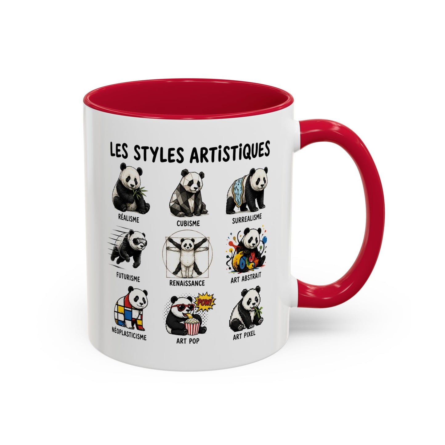 Mug Panda Styles Artistiques – Tasse Art Peinture Créative – Réalisme Cubisme Surréalisme Abstrait Pop Art Pixel – Cadeau Homme et Femme Noir Bleu Rouge