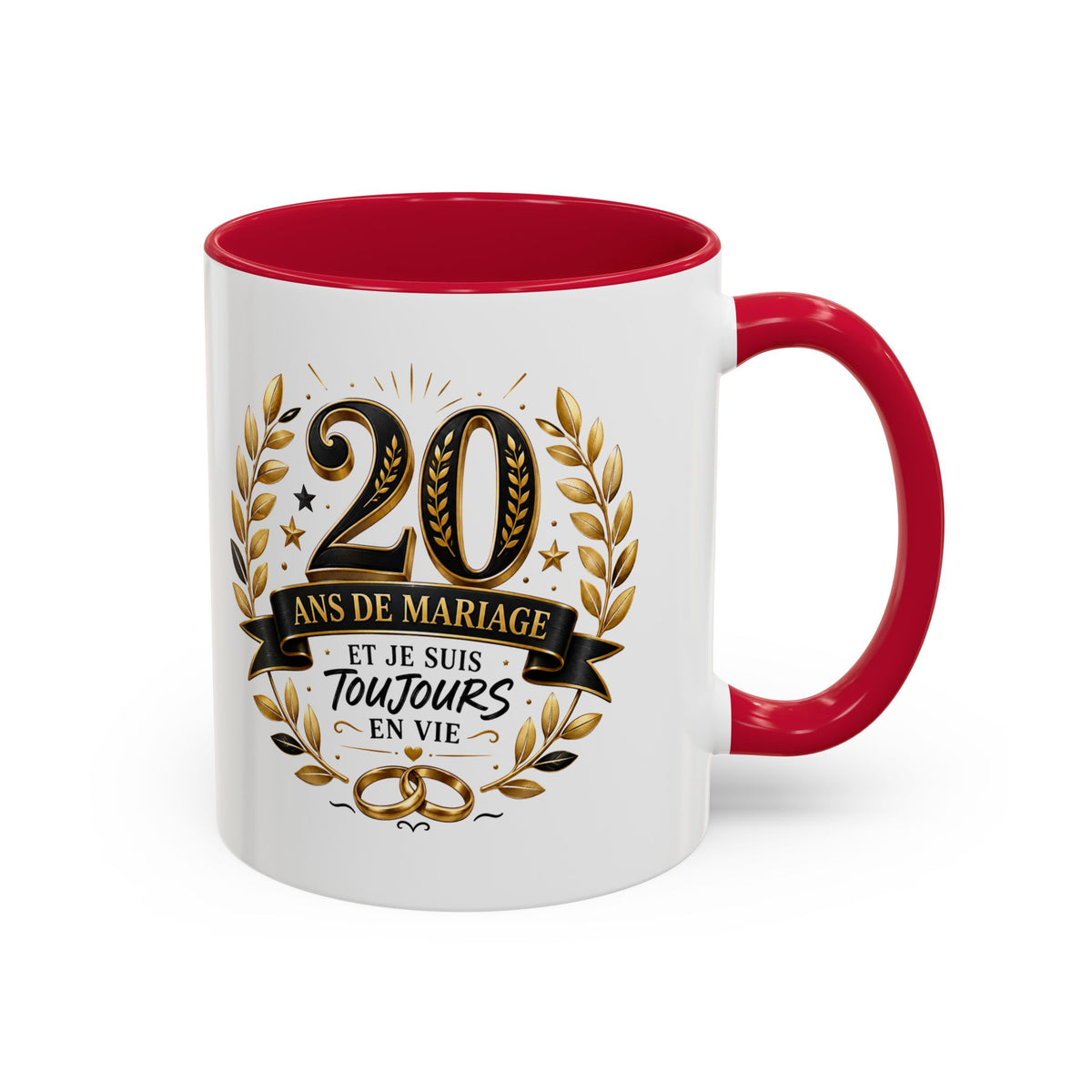 Mug 20 Ans de Mariage et Je Suis Toujours en Vie – Tasse Humoristique Anniversaire de Mariage – Idée Cadeau Couple Noces de Porcelaine noir bleu rouge