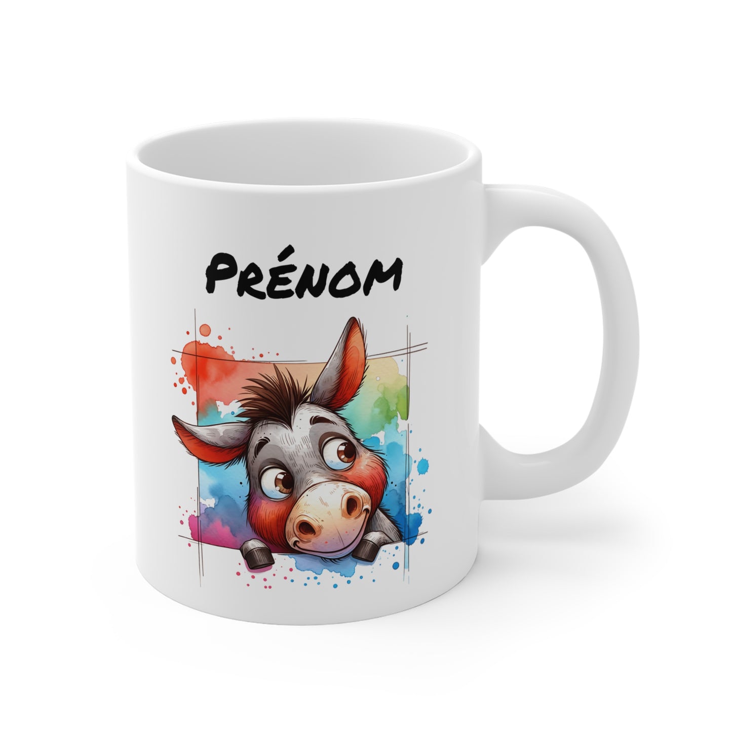 Tasse Personnalisable Âne Mignon – Mug Prénom Illustration Colorée – Cadeau Animal Ferme Rigolo 325ml