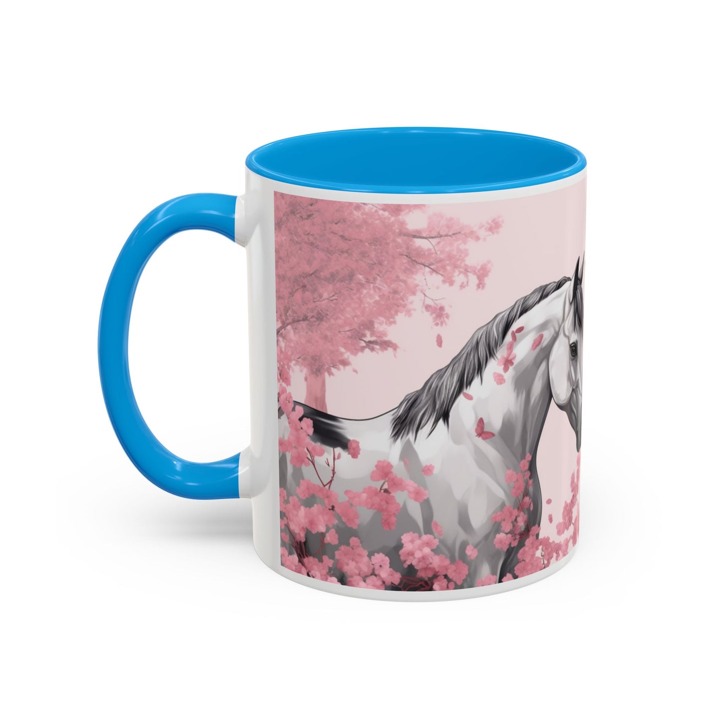 Mug Chevaux Sakura – Tasse Cheval Noir et Blanc avec Fleurs de Cerisier Roses – Cadeau Passion Cheval 325ml
