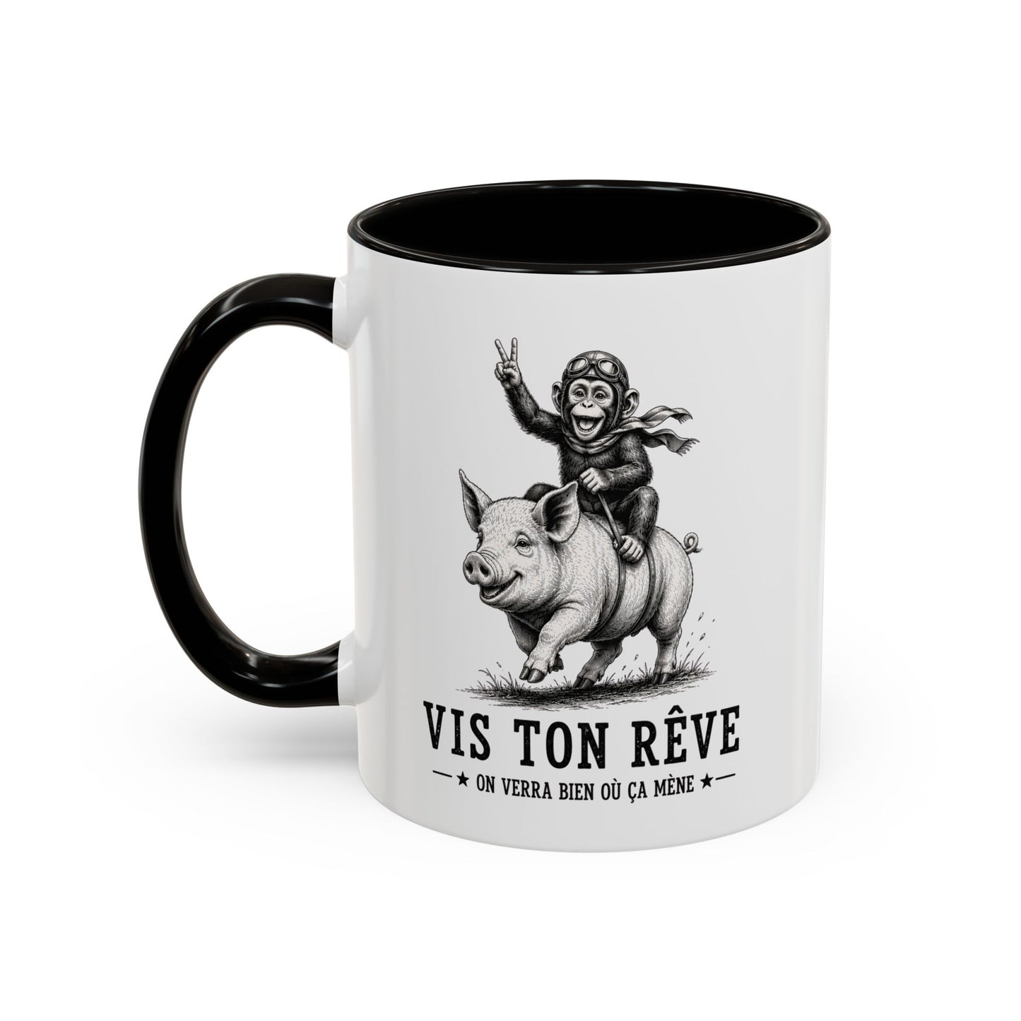 Tasse Vis Ton Rêve On Verra Bien Où Ça Mène – Mug Humour Singe Cochon Vintage – Cadeau Homme Femme 325 ml