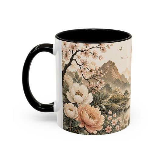 Tasse Paysage Japonais Zen – Mug Floral Beige avec Montagnes, Rivière et Ambiance Asiatique Apaisante 325ml