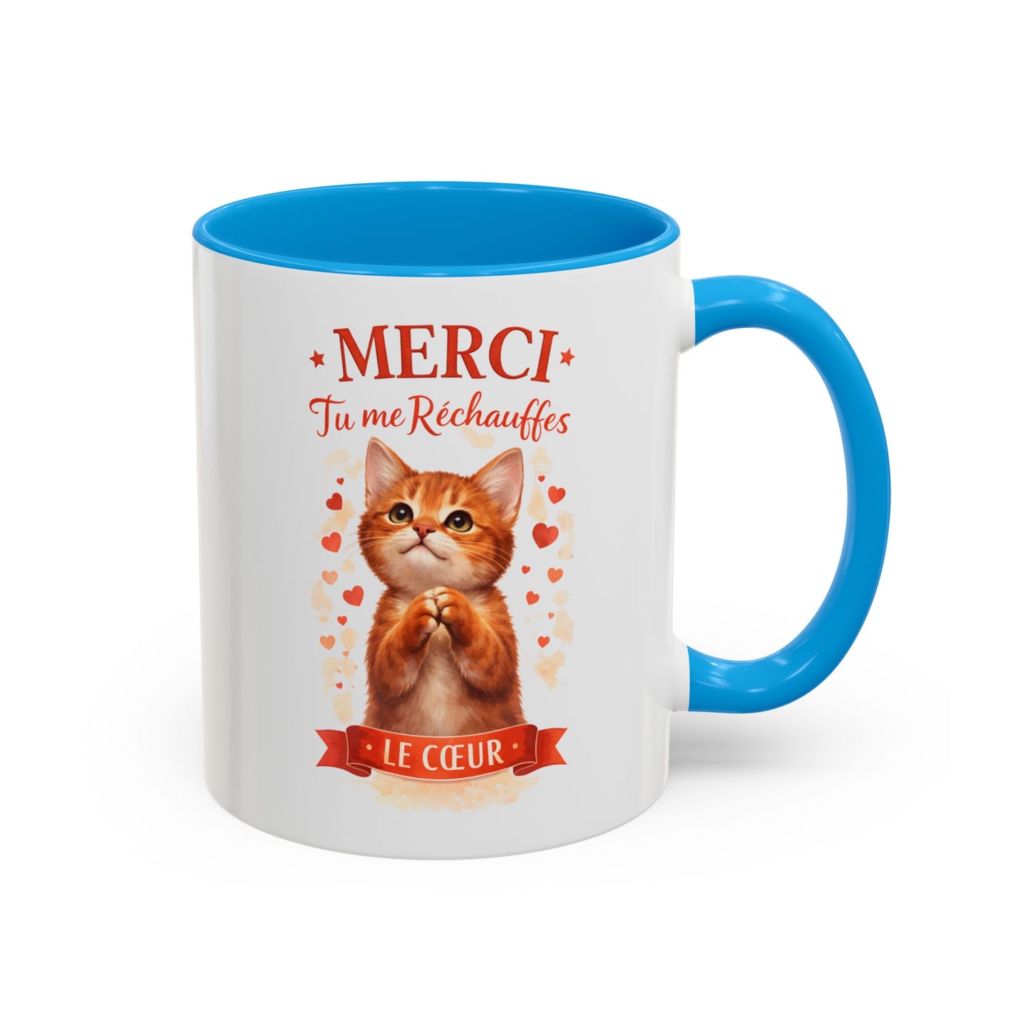 Tasse Chat Mignon Amour “Merci Tu me Réchauffes le Cœur” – Mug Cadeau Chat Affectueux Noir Bleu Rouge