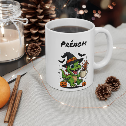 Tasse Personnalisable Dinosaure Sorcier Café – Mug Prénom Céramique 325ml – Cadeau Drôle Halloween Animal Illustré avec Citrouilles