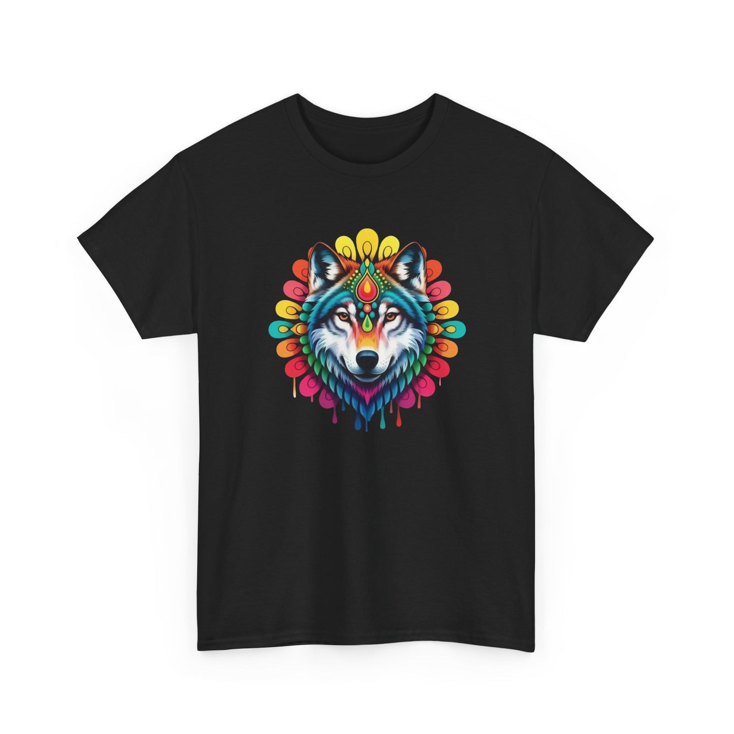 T-Shirt Loup Coloré Mandala – Tee Shirt Wolf Spirituel Tribal – Cadeau Original Animal Mystique Noir Blanc Gris