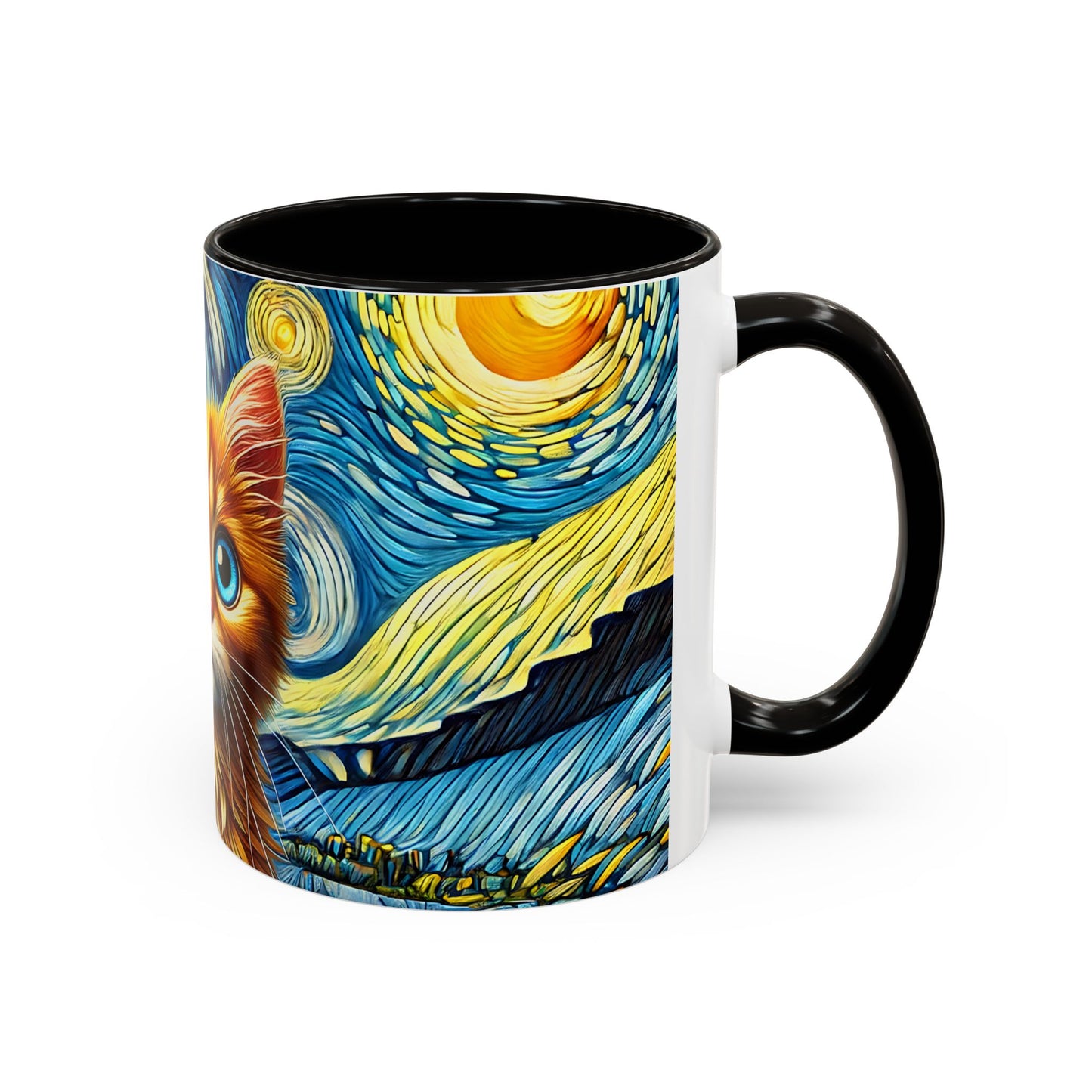 Mug Chaton Style Van Gogh – Tasse Artistique Nuit Étoilée avec Chat Orange aux Yeux Bleus – Cadeau Amoureux des Chats 325ml