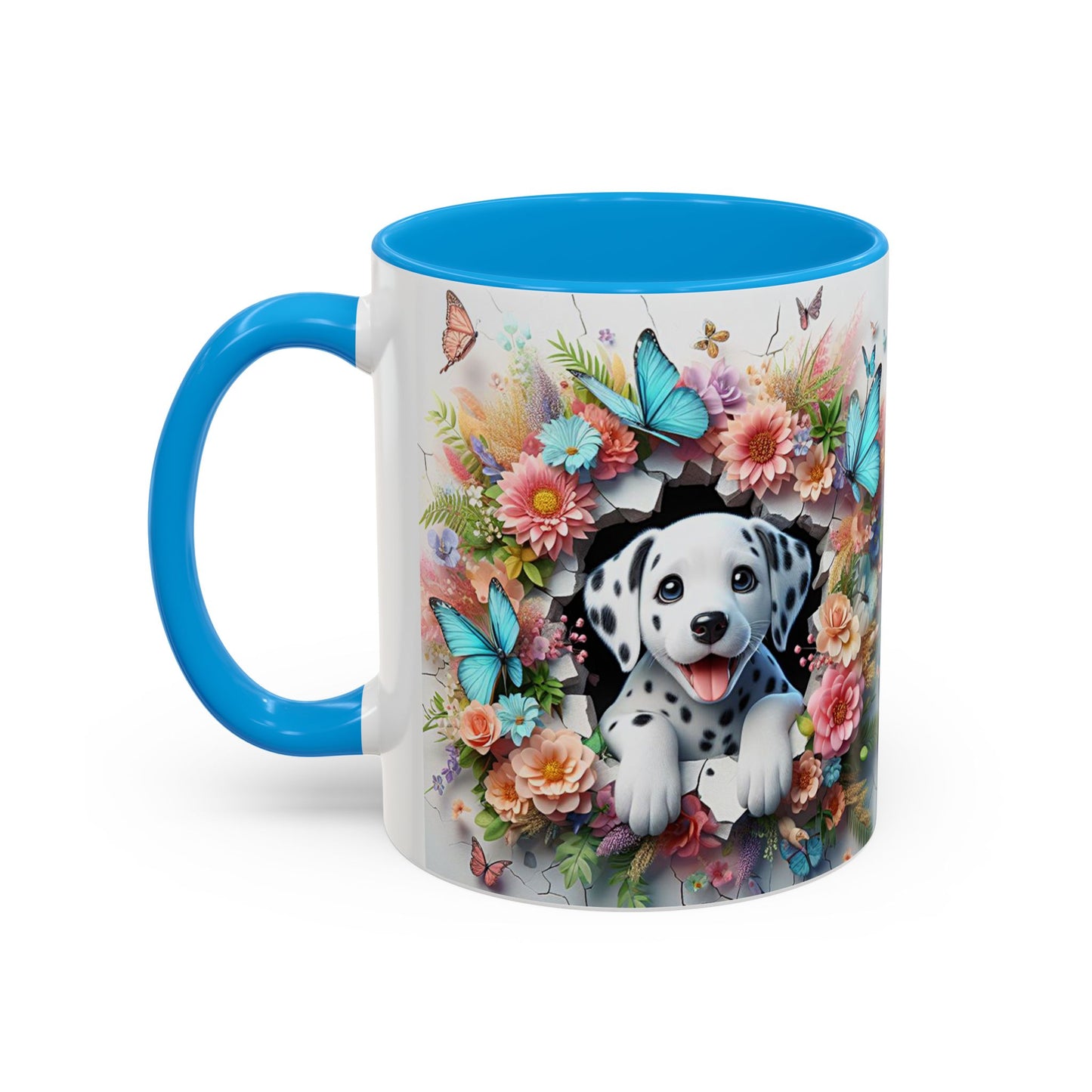 Mug Dalmatien Kawaii – Tasse Chiot Dalmatien avec Fleurs Pastel et Papillons Bleus – Cadeau Amoureux des Chiens 325ml