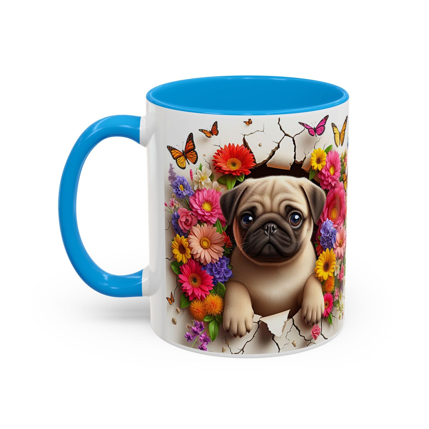 Mug Carlin Kawaii – Tasse Chiot Carlin avec Fleurs Colorées et Papillons – Cadeau Amoureux des Chiens 325ml