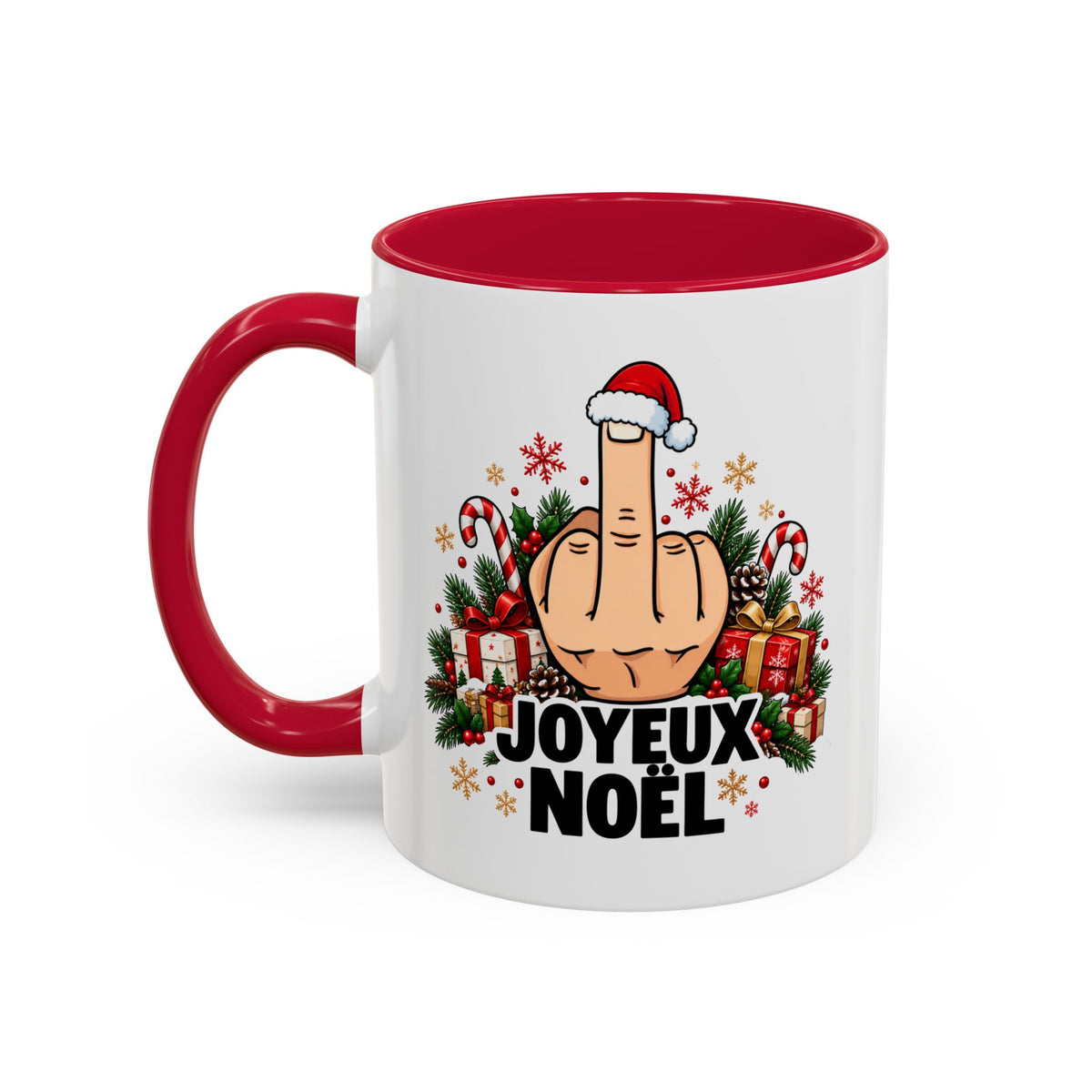 Mug Humour Noël « Joyeux Noël » – Tasse Geste Insolent avec Bonnet de Père Noël, Cadeaux et Sucre d’Orge – Cadeau Drôle Homme Femme