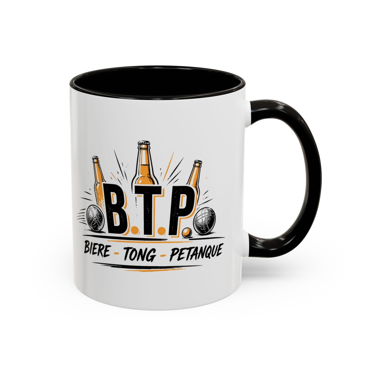 Mug B.T.P. Humoristique – Tasse Bière Tong Pétanque – Cadeau Original Apéro et Pétanque – Céramique 325ml Noir Bleu Rouge
