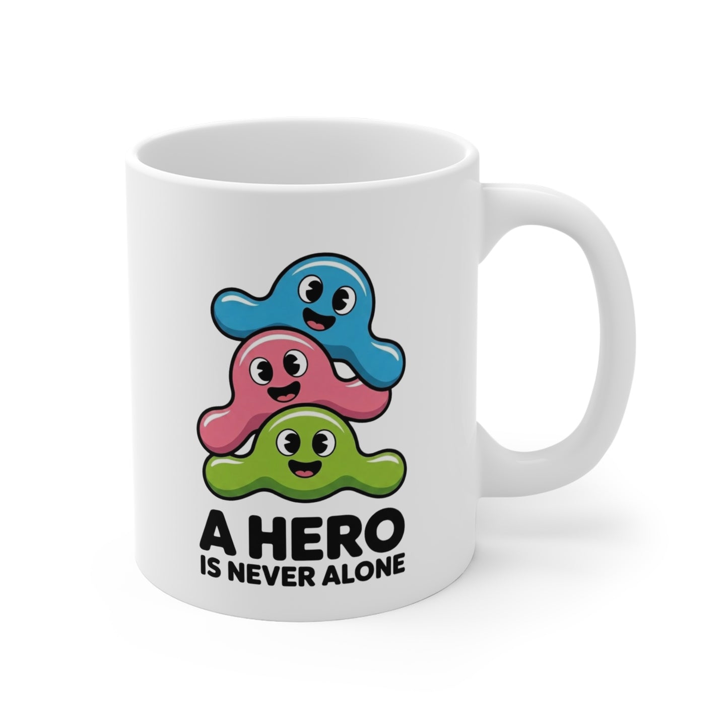 Tasse “A Hero Is Never Alone” – Mug Mignon Personnages Colorés Style Kawaii – Cadeau Positif et Fun 325ml