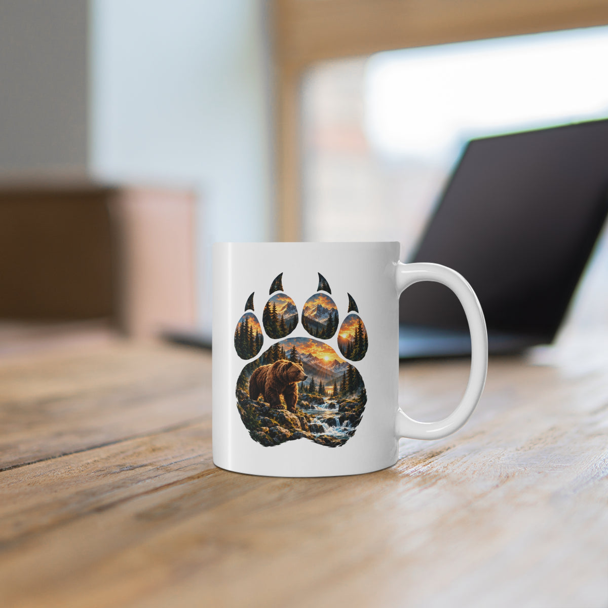 Mug Ours dans une Empreinte de Patte – Tasse Paysage Montagne, Forêt et Coucher de Soleil – Cadeau Original Amoureux des Ours