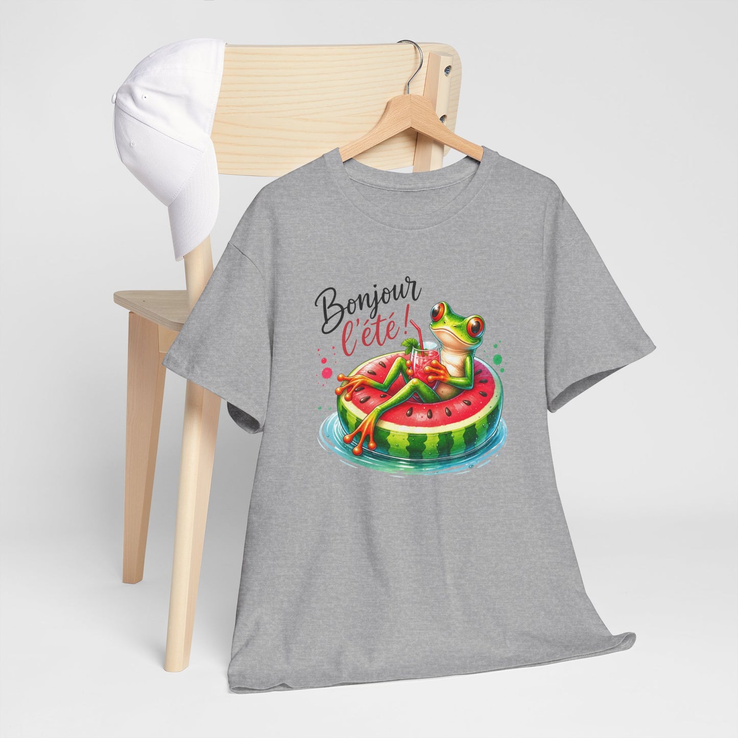 Tee-Shirt Bonjour l’Été Grenouille sur Bouée Pastèque – Cadeau Vacances Homme Femme Humour Soleil Plage