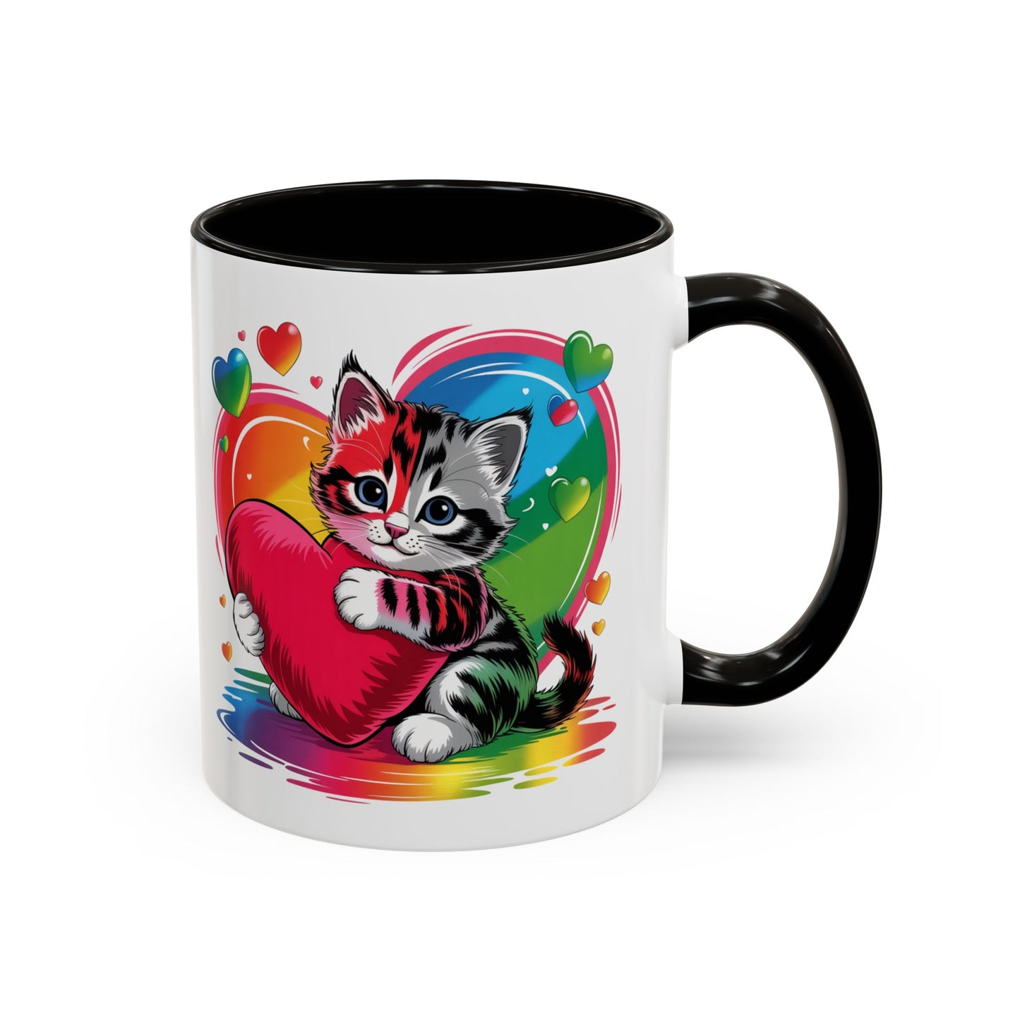 Mug Chat Kawaii avec Cœur Coloré Arc-en-Ciel – Tasse Mignonne Cadeau Original Amoureux des Chats – Céramique 325ml
