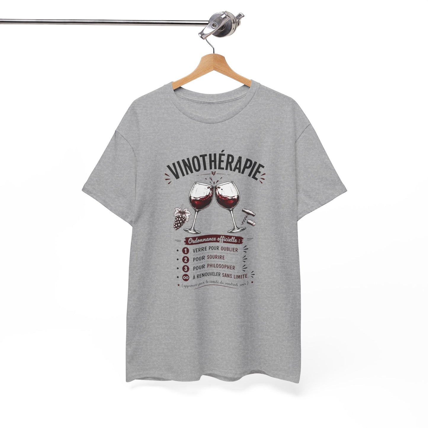 T-Shirt Vinothérapie Homme Femme – Tee Shirt Humour Vin Apéro – Cadeau Drôle Amateur Vin Soirée Noir Blanc Gris