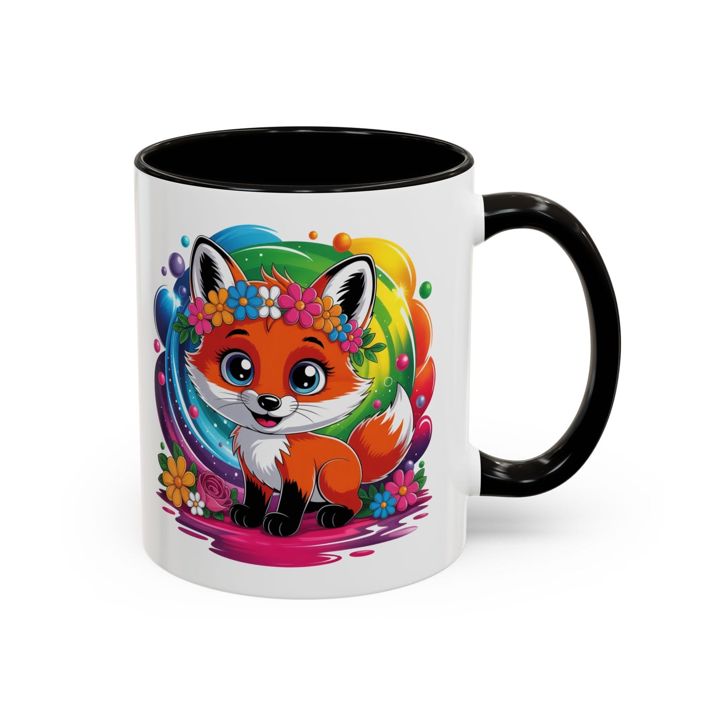 Mug Renard Mignon Multicolore – Tasse Design Kawaii Renard et Fleurs Arc-en-ciel – Cadeau Original 325ml