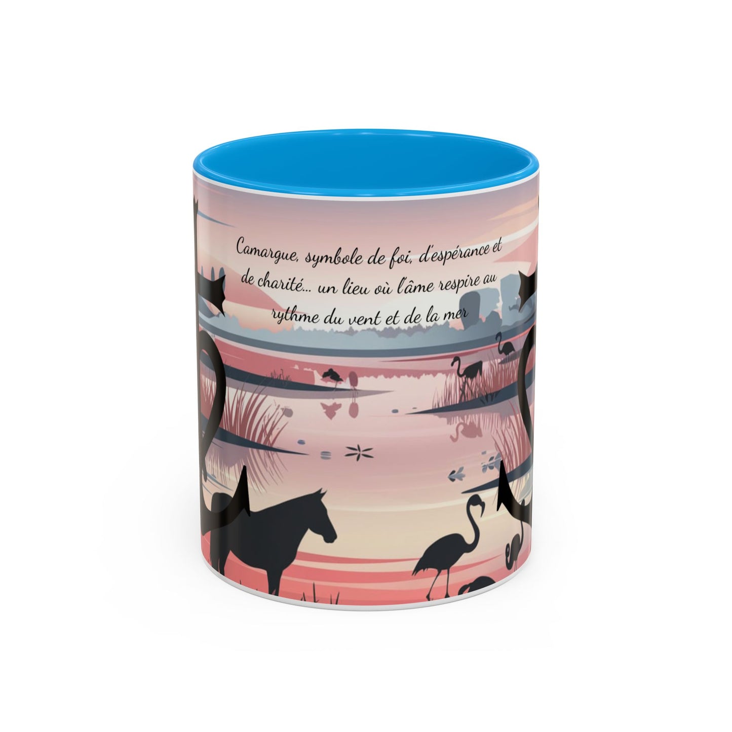 Mug Camargue Foi Espérance Charité – Tasse Croix Camarguaise Flamants Roses Chevaux – Cadeau Tradition Camarguaise 325ml