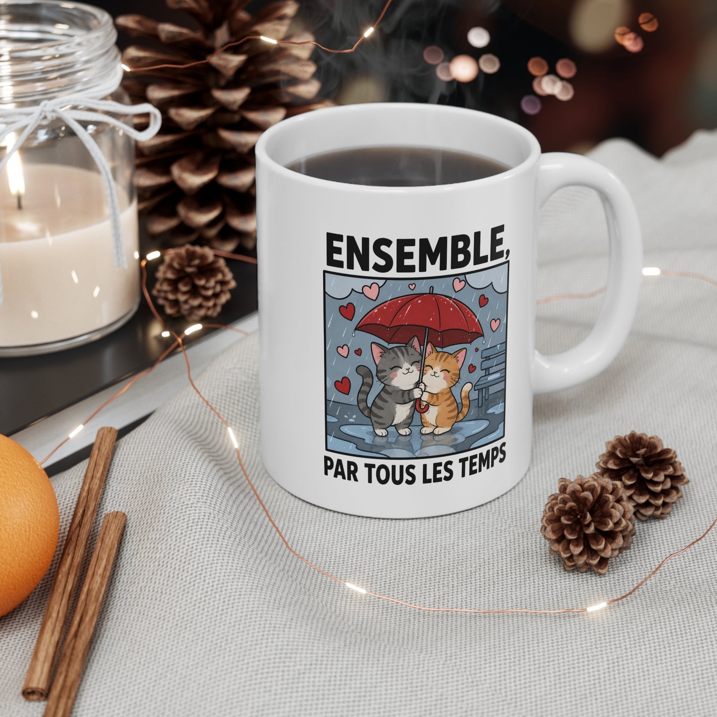 Tasse Ensemble Par Tous Les Temps – Mug Couple Chats Amoureux – Cadeau Romantique Homme Femme 325ml