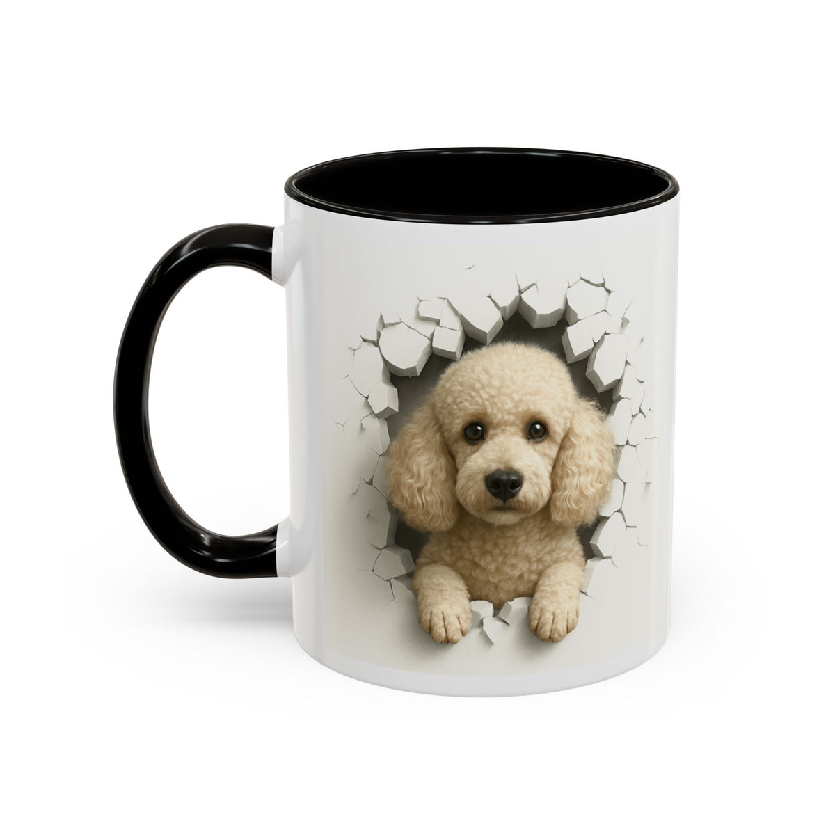 Mug Caniche Beige Effet Mur Cassé – Tasse Chien 3D Trompe-l’œil – Cadeau Original Amoureux des Caniches noir bleu rouge