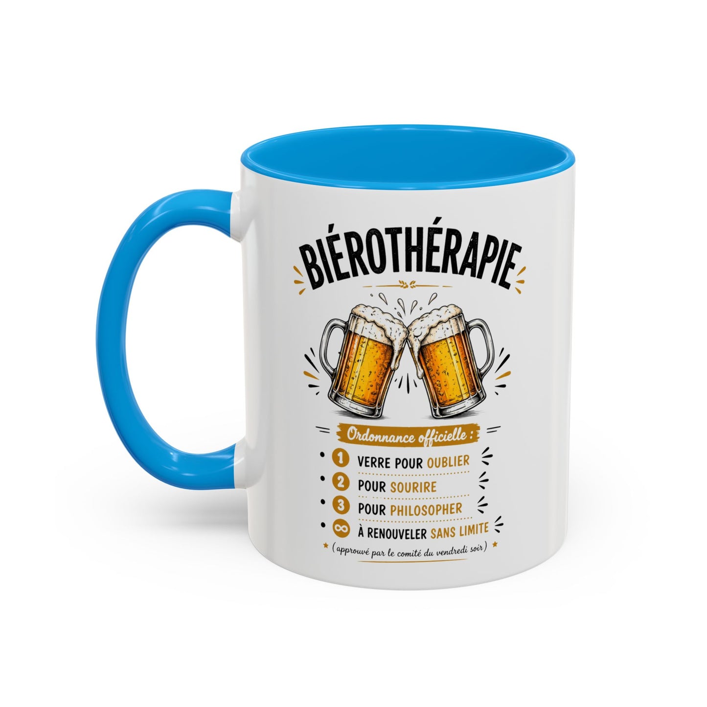 Mug Bièreothérapie Drôle – Tasse Humour Bière et Apéro – Cadeau Original Amateur de Bière – Céramique 325ml Noir Bleu Rouge