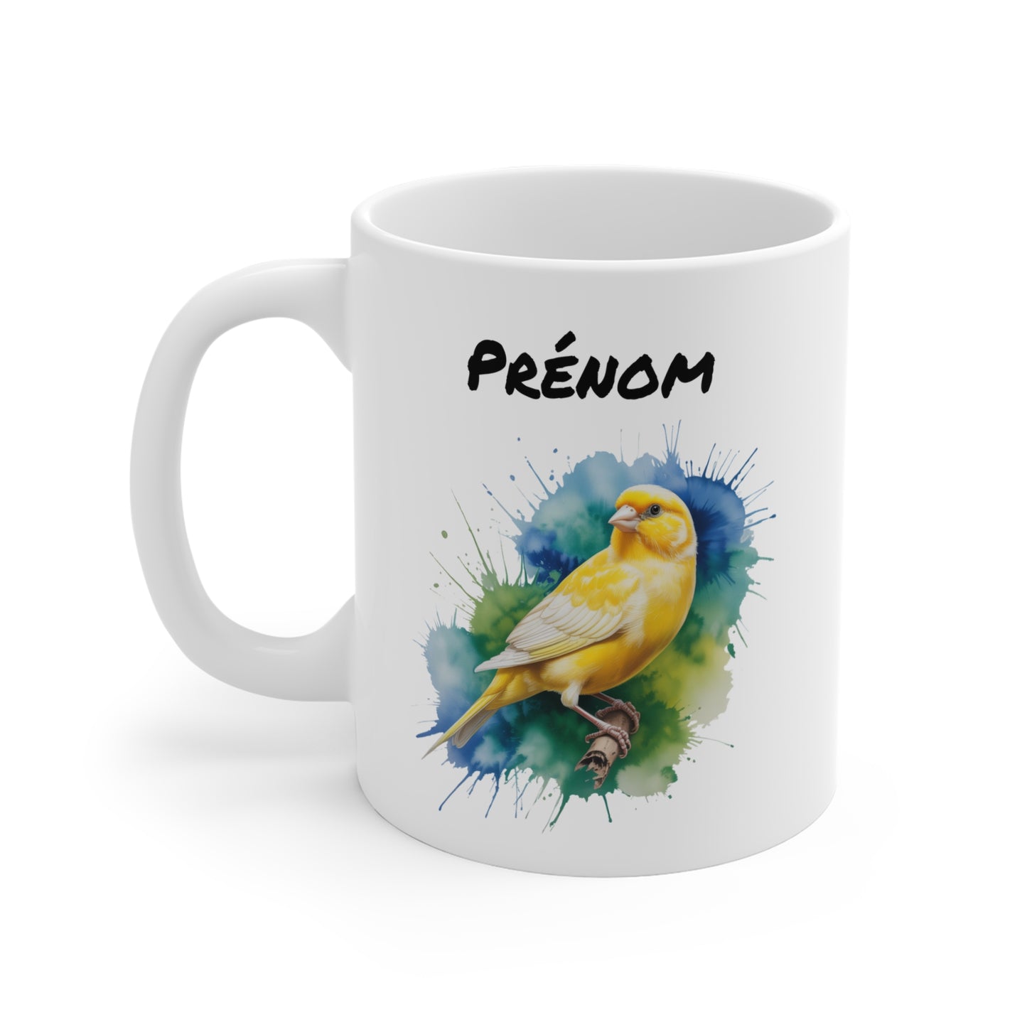 Mug Canari Jaune Personnalisable – Tasse Aquarelle Artistique en Céramique 325ml avec Prénom – Cadeau Nature