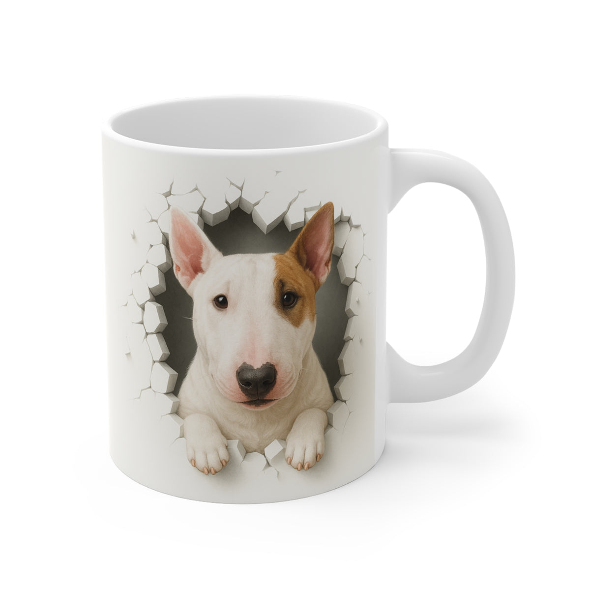 Mug Bull Terrier Effet Mur Cassé – Tasse Chien 3D Trompe-l’œil – Cadeau Original Amoureux du Bull Terrier
