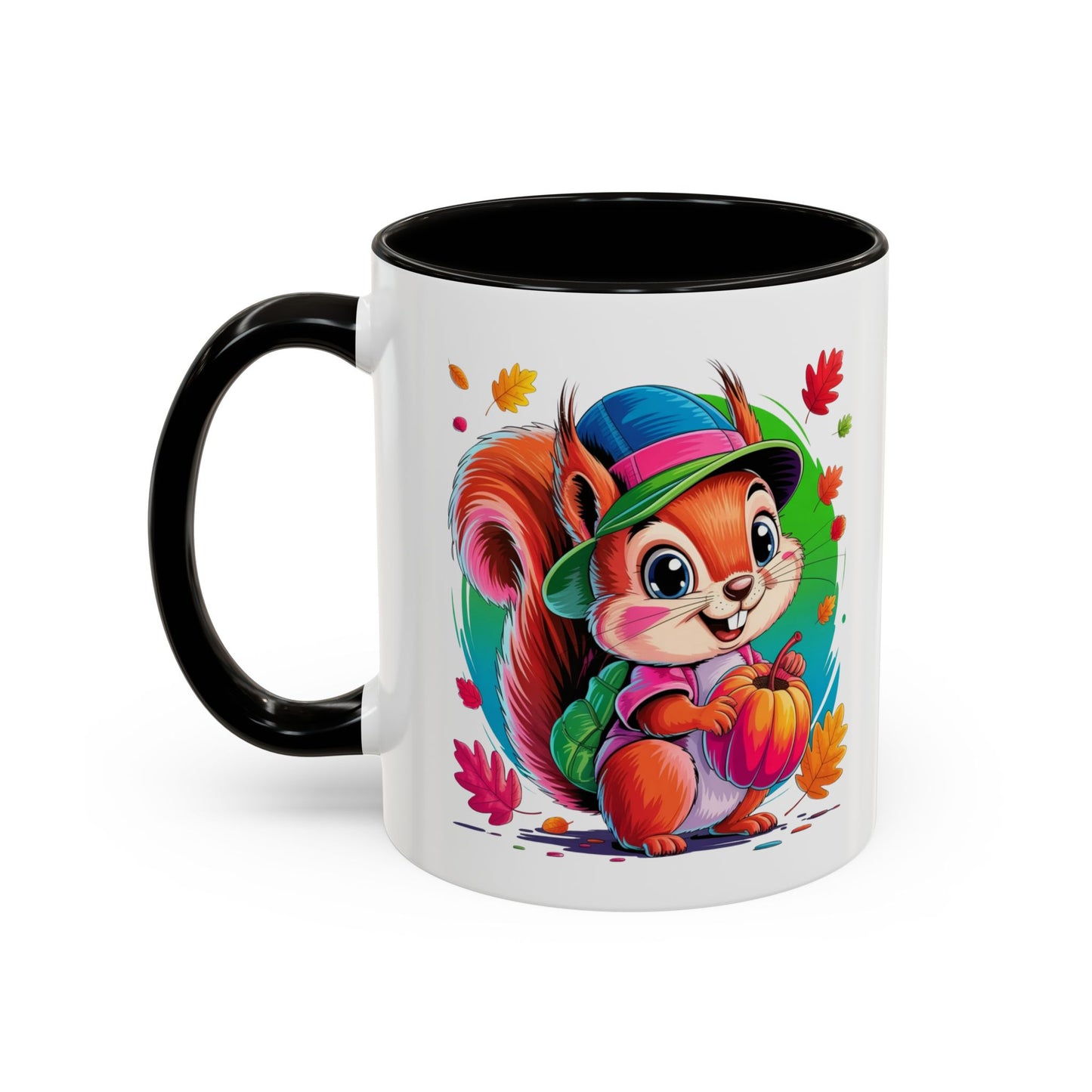 Mug Écureuil Mignon Automne – Tasse Animal Citrouille Feuilles Colorées – Cadeau Original Enfant Adulte – Céramique 325ml Noir Bleu Rouge