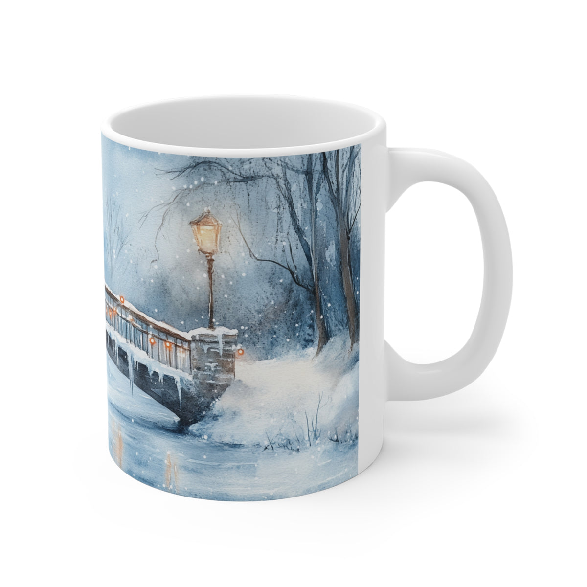 Mug Pont Enneigé avec Bonhomme de Neige – Tasse Hiver Paysage de Noël Style Aquarelle – Cadeau Original Homme Femme