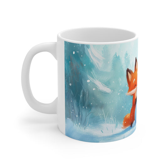 Mug Renard et Bonhomme de Neige – Tasse Hiver Forêt Enneigée Style Aquarelle – Cadeau Original Noël Homme Femme