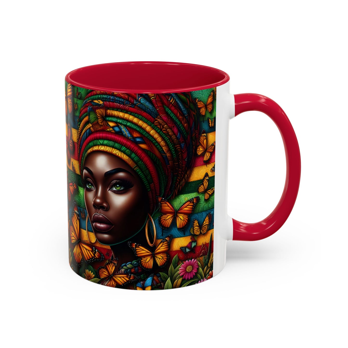 Mug Femme Afro Art Coloré – Tasse Portrait Afro avec Papillons et Motifs Tropicaux – Design Bohème 325ml
