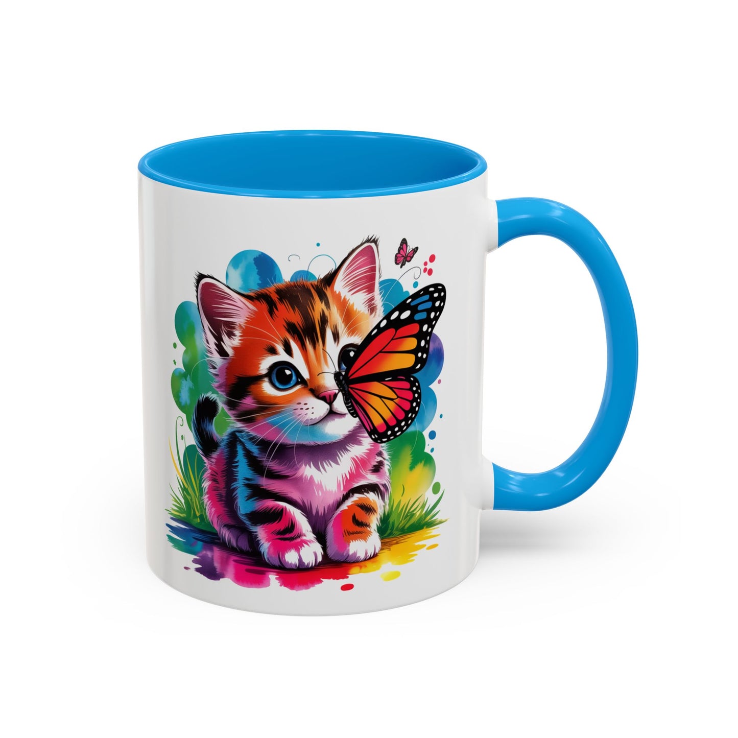 Mug Chaton Kawaii avec Papillon Arc-en-Ciel – Tasse Mignonne et Colorée Cadeau Amoureux des Chats – Céramique 325ml