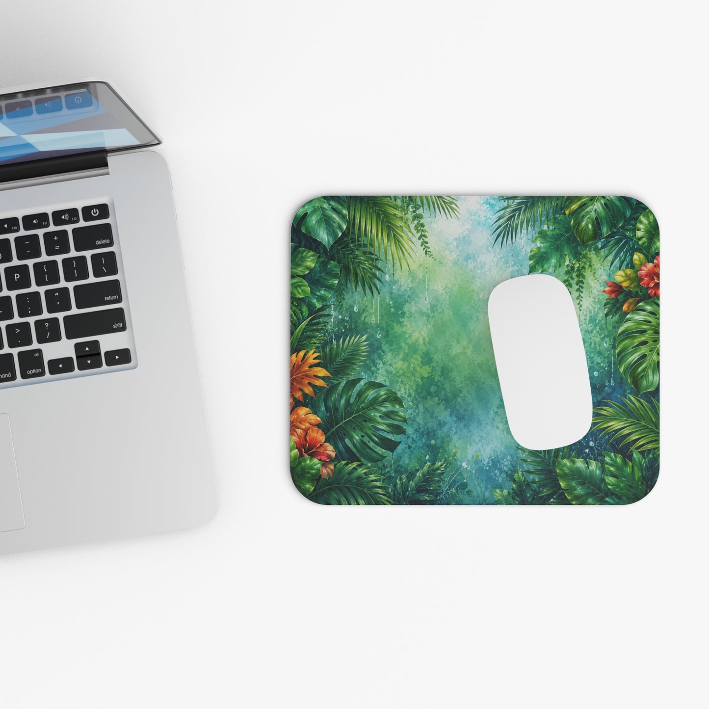 Tapis de Souris 22x18cm Jungle Tropicale Feuilles Exotiques Nature Vert Décoration Bureau Gaming Télétravail Design Floral