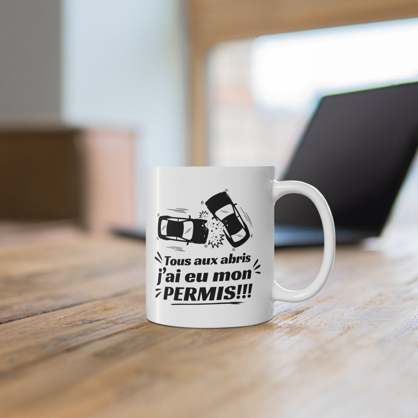Mug Humour Permis de Conduire – Tous aux Abris J’ai Eu Mon Permis – Tasse Jeune Conducteur – Cadeau Réussite Permis Homme Femme