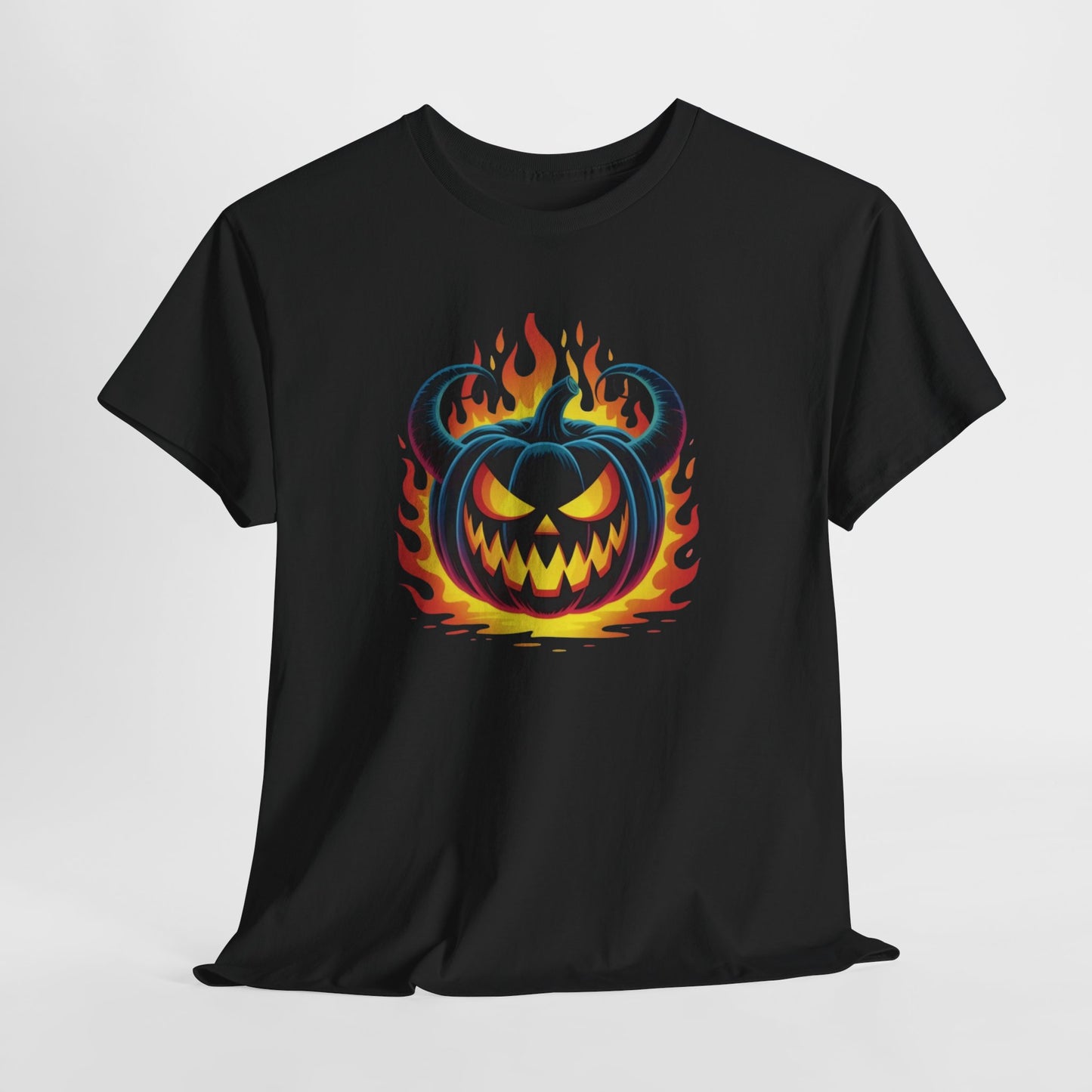 T-Shirt Halloween Citrouille Démoniaque Feu Adulte – Tee Shirt Jack O Lantern Effrayant – Design Horreur Fantaisie Noir Blanc Gris