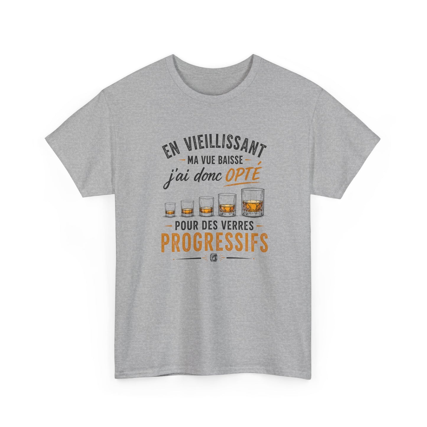 T-Shirt Humour Whisky Verres Progressifs – Tee Shirt Drôle Apéro Alcool Citation Amusante Adulte – Cadeau Ami Amateur Whisky Noir Blanc Gris